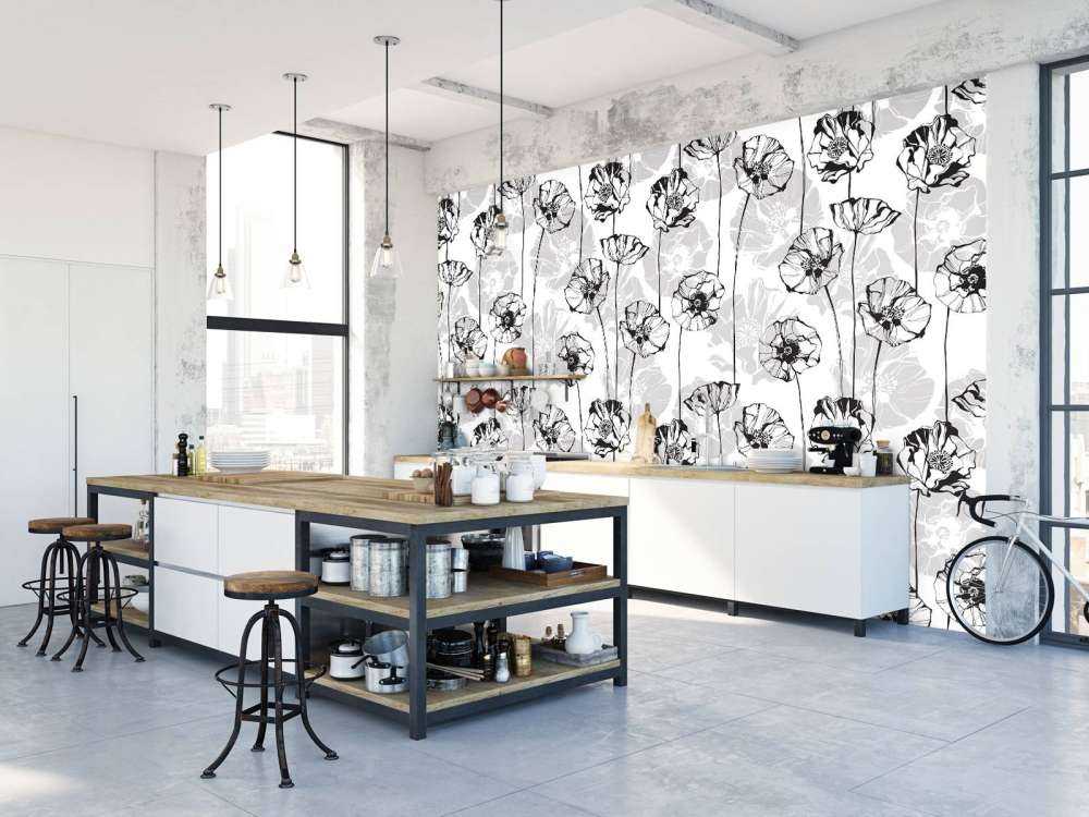 Tapete mit grafischen Mohnblumen