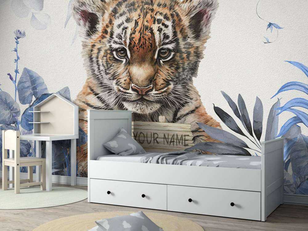 Niedlicher Tiger mit Pflanzen blau